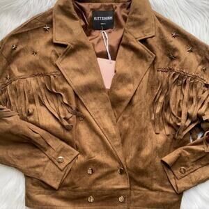 Kittenish Texas Babe Fringe Faux Suede Stars Embellished Jacket size Small